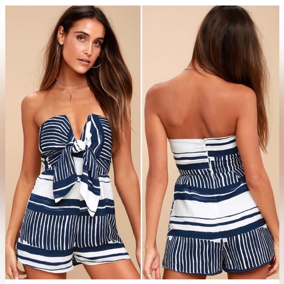Lulus Pants - Lulu's Delphi Navy Blue and White Strapless Tie-Front Romper Nautical Size Small